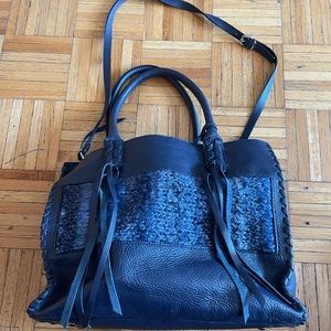 Navy Leather Tote Bag - beautiful details - hand knitted detailed.